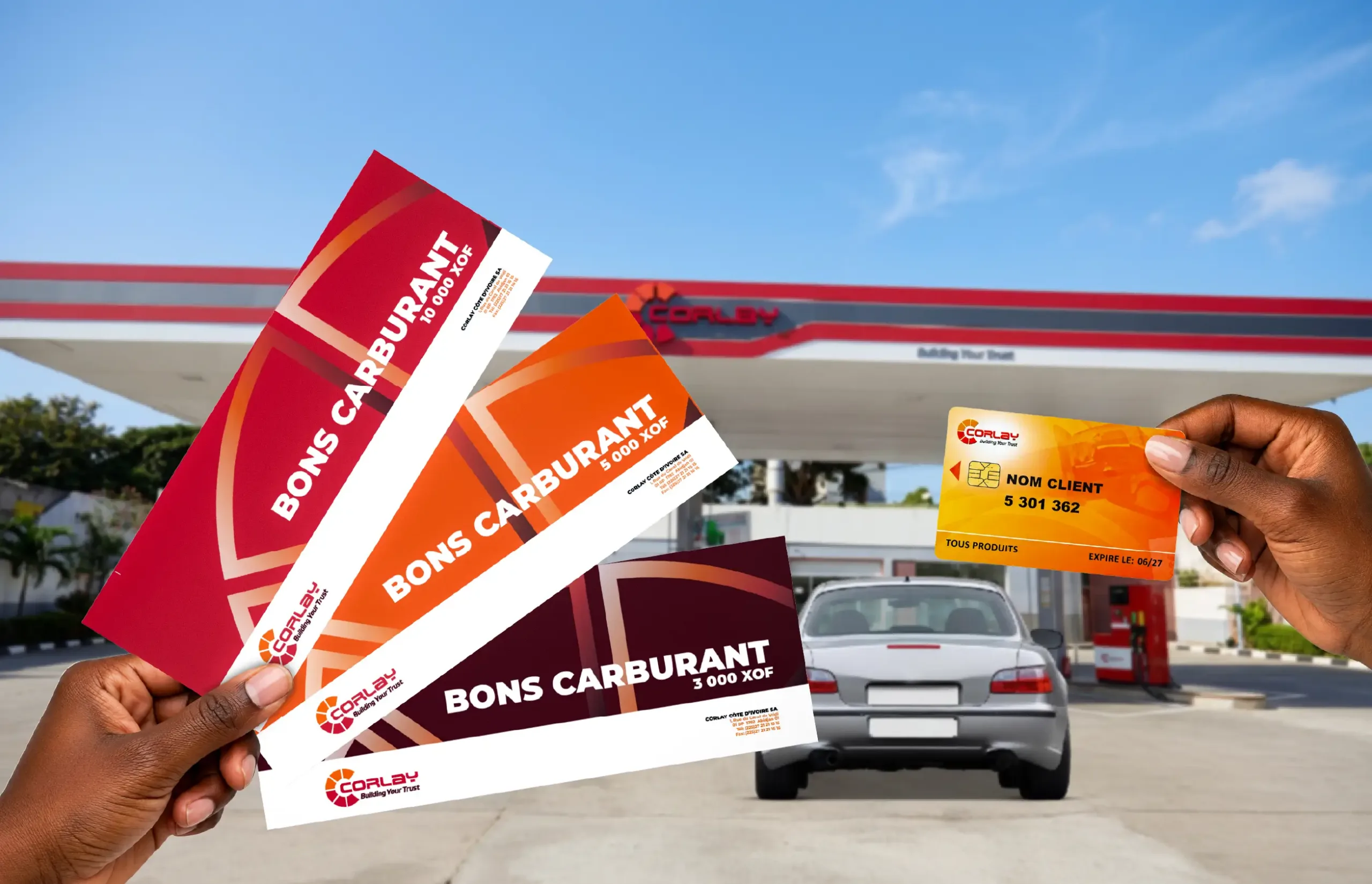 Bons carburant et une carte carburant corlay avec une station corlay en fond