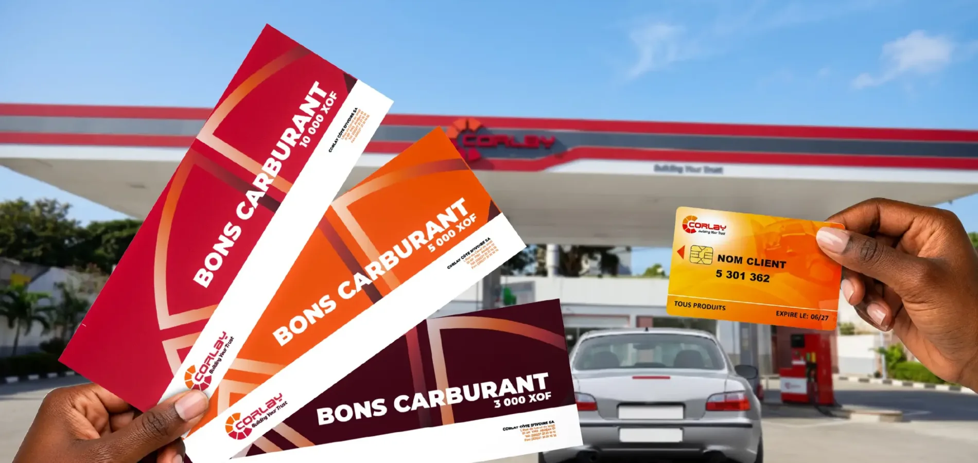 Bons carburant et une carte carburant corlay avec une station corlay en fond